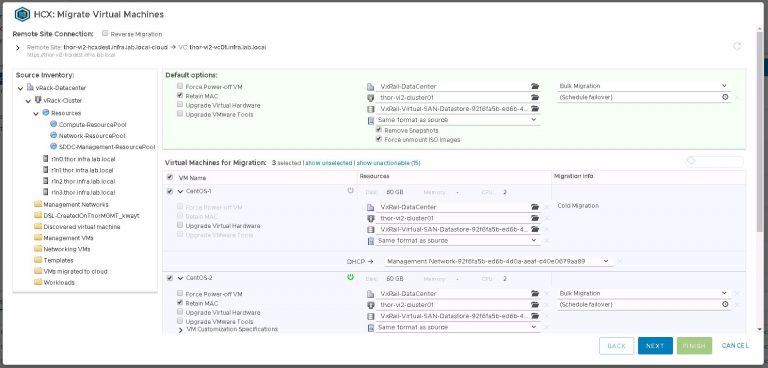 HCX VM migration dialog