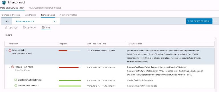 HCX failed service mesh deployment