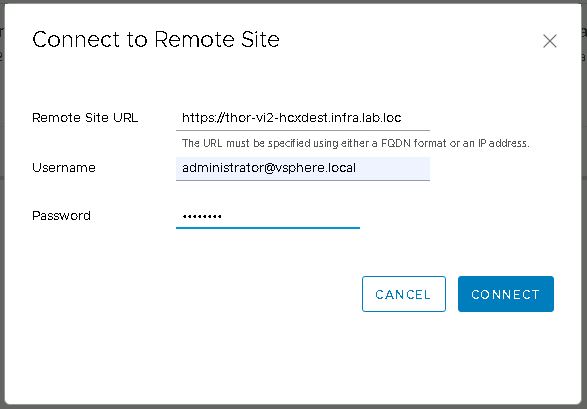 HCX site pairing dialog