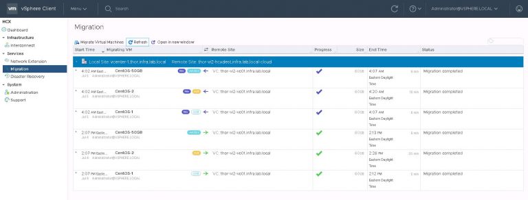 HCX VM migration status