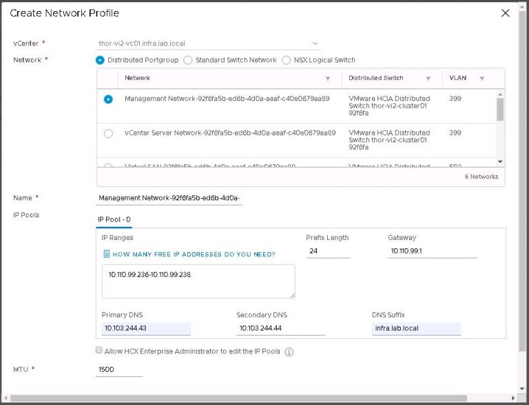 HCX service mesh network profile creation