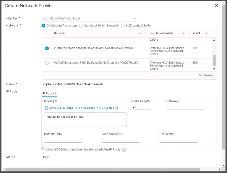 HCX service mesh network profile creation